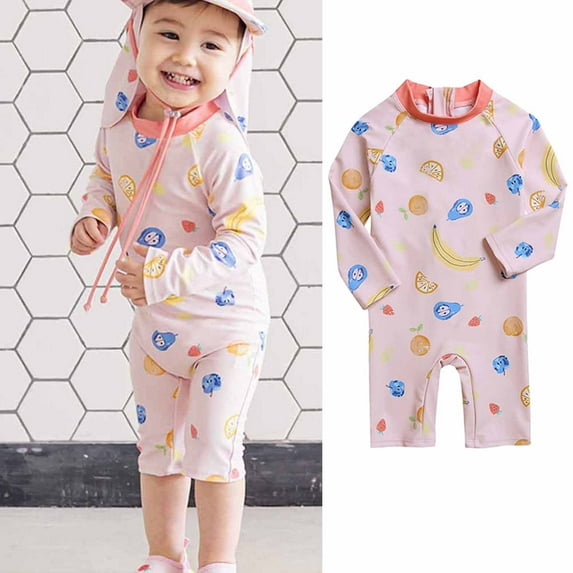 EQWLJWE Baby Boy Girl Cartoon Rash Guard One Piece Swimsuit Summer Solid Color Long Sleeve Zipper Sunsuit Swimwear Beach Wear Bathing Suit for Surfing Swimming Pink(9Months-5Years)