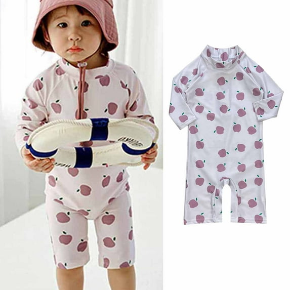 EQWLJWE Baby Boy Girls Cartoon One Piece Swimsuit Cute Solid Color Long Sleeve Zip Up Rash Guard beachwear Sun Protection Bathing Suits for Shower Amusement Park Purple(9Months-5Years)