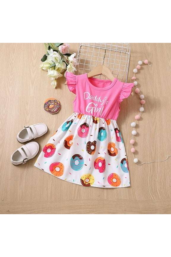 Baby Girl Easter Dress Summer Cute Letter Print Flying Sleeve Round Neck Dress Holiday Gifts (Hot Pink,5-6 Years)