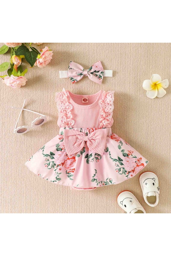 Baby Girl Easter Outfit Cute Floral Print Round Neck Ruffles Sleeve Stripe Lace Patchwork Romper Dress Summer Clothes Play Wear (Pink,0-3 months)