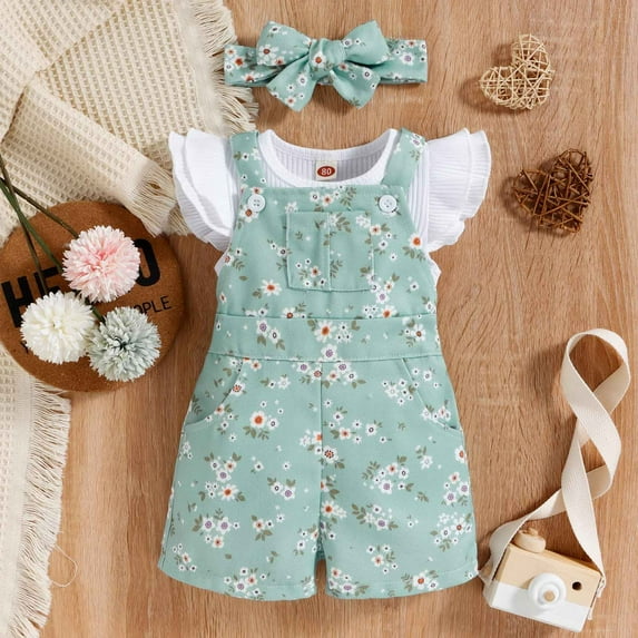 EQWLJWE Baby Girls' Two-Piece Set Stylish Round Neck Floral Printed Flutter Sleeve Shoulder Pants Summer Outfit for Easter (Green,6-9 months)