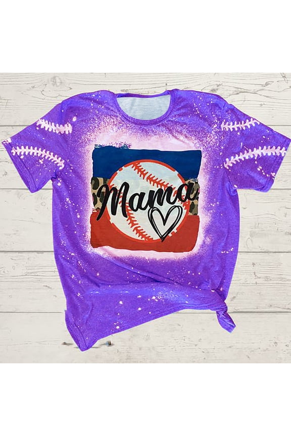 Baseball Mama T-Shirt Women Camouflage Leopard Graphic Mom Tees Vintage Bleached Letter Print Tops