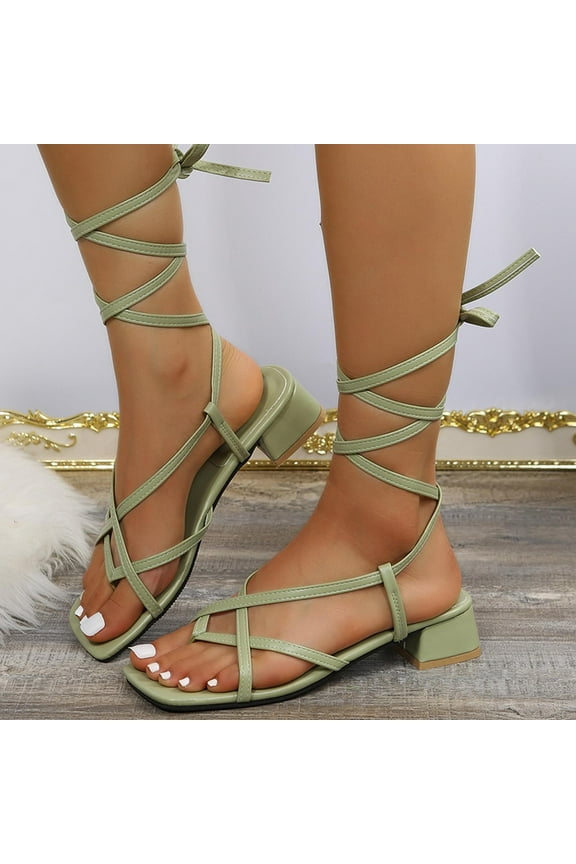 Beach Sandals for Women Ankle Strappy Gladiator High Heeled Sandals Chunky Block Heel Square Open Toe Dress Shoes Outwear