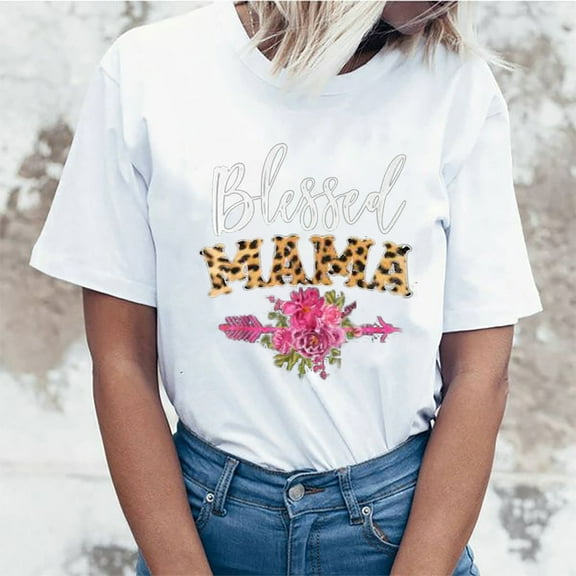 EQWLJWE Blessed Mama Shirt Women Letter Print Mom Life T-Shirt Short Sleeve Summer Mommy Tee Tops