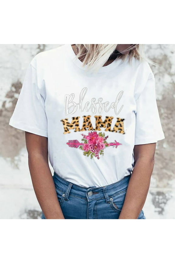 Blessed Mama Shirt Women Letter Print Mom Life T-Shirt Short Sleeve Summer Mommy Tee Tops