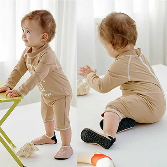 EQWLJWE Boy Girl Surfing Swimsuit One Piece Cute Cartoon Print Long Sleeve Zipper Swimwear Toddler Bathing Suit Rash Guard Beachwear Sunsuit for Seaside Beach Khaki(9Months-5Years)