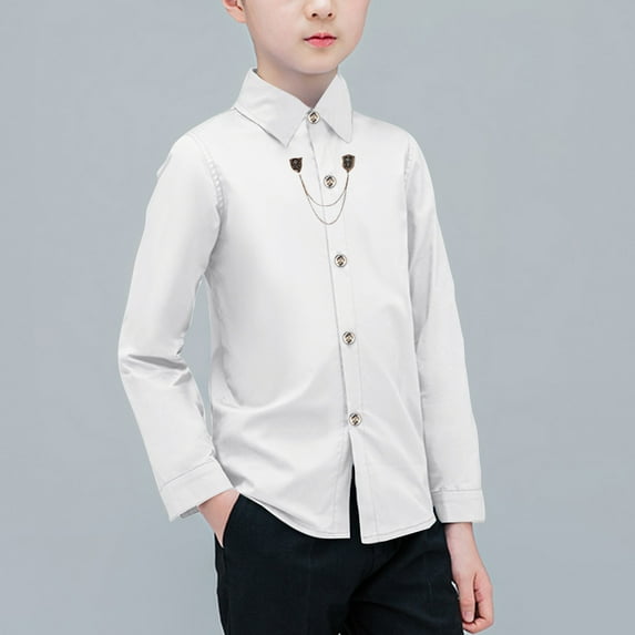 EQWLJWE Boys Long Sleeve Shirts Special Occasion Solid Color Turndown Collar Cotton Button Down Dress Shirt for School Holiday Outdoor Activites White(2-13 Years)