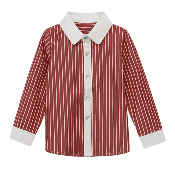 EQWLJWE Boys' School Uniform Shirt Cute Solid Color Stripe Print Long Sleeve Turndown Collar Performance Button-Down Dress Shirt for Birthday Party Wedding Red(2-13Years)