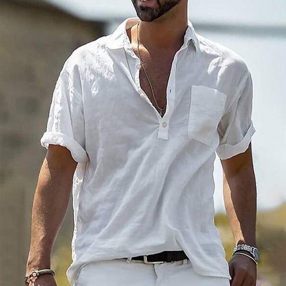 EQWLJWE Button Down Shirt Men's Casual Loose Turn Collar Print Contrast Geometric Short-Sleeved Button Down Shirt Top Blouse for Going Out