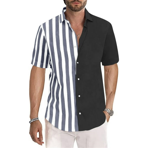 EQWLJWE Button Down Shirt Mens Summer Collar Shirts Casual Non Positioning Striped Print Short Sleeve Button Down Shirts Loose Fit Beach Shirts for Home Leisure