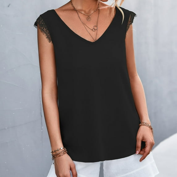 EQWLJWE Camisole Fashion Women Summer Sleeveless Solid Color V-Neck Lace Casual Blouse Tops