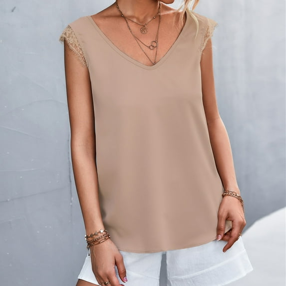 EQWLJWE Camisole Fashion Women Summer Sleeveless Solid Color V-Neck Lace Casual Blouse Tops