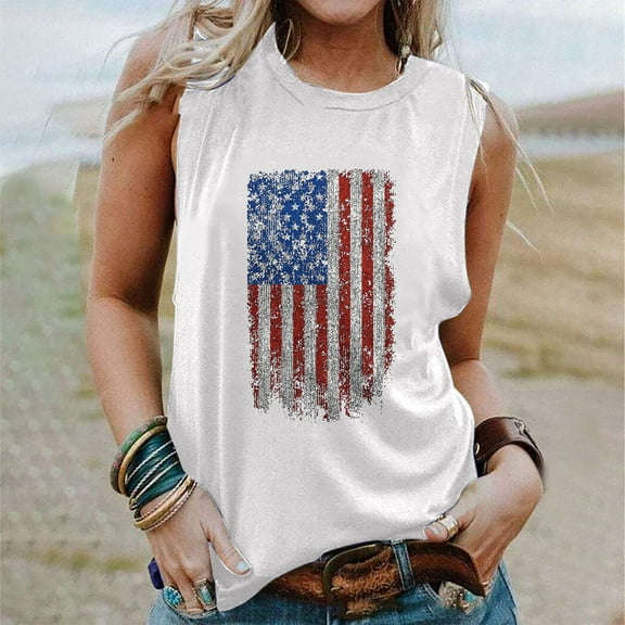 EQWLJWE Camisole Summer Women American Flag Tank Tops USA Flag Stars Stripes Printed Sleeveless T-Shirt Tee Tops