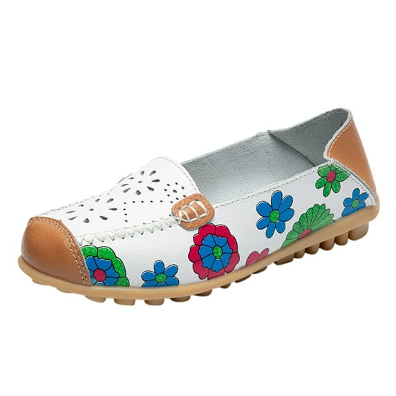 EQWLJWE Casual Shoes For Women Comfortable Leather Hollow Printed Flat Casual Loafers Nonslip Single Shoes,Deals,Clearance