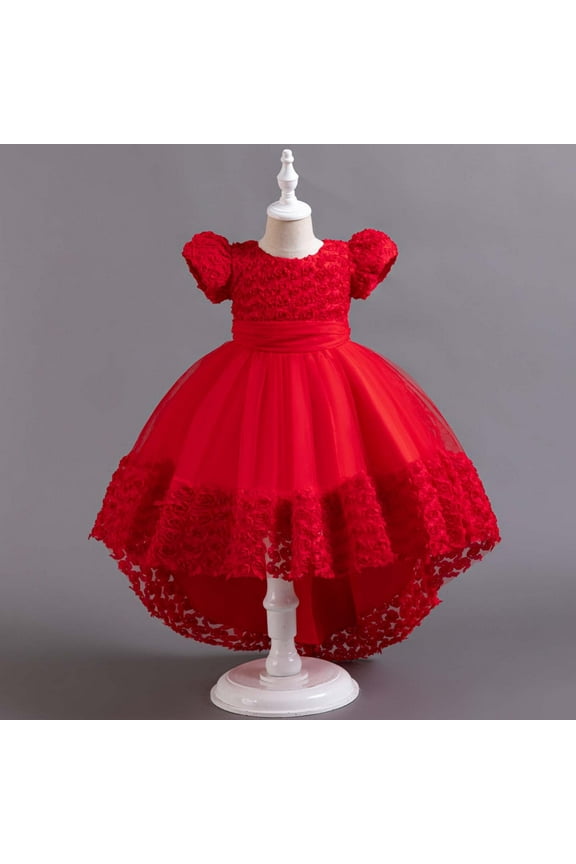 Children Special Occasion Dress Rose Flower Train Skirt Cake Princess Dress Girl Bowknot Puffy Gown Dress Outdoor-playing (Red,3-4 Years)
