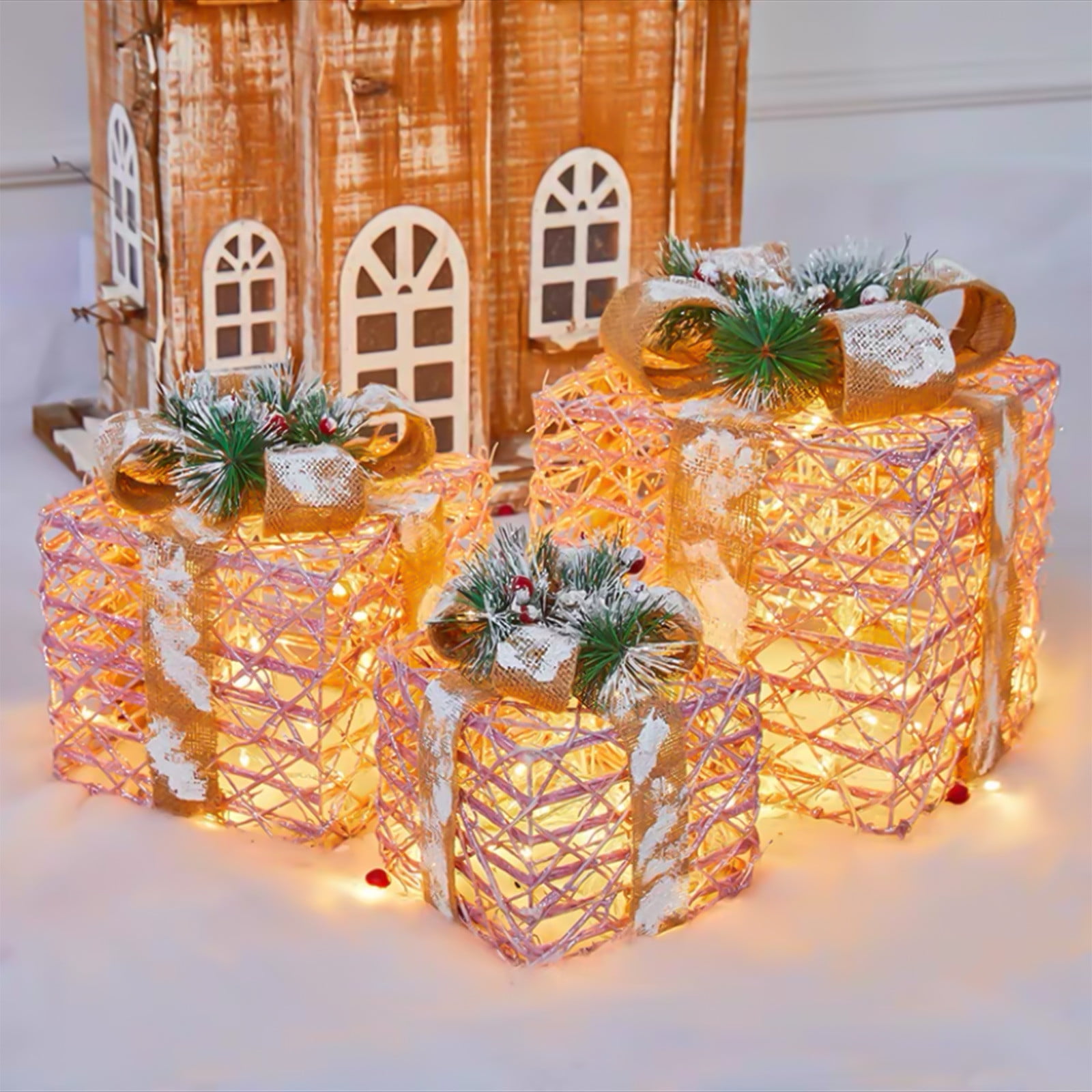 EQWLJWE Christmas Set of 3 Lighted Rattan Gift Boxes Decorations, 80