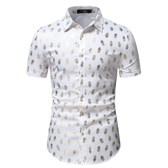 EQWLJWE Compression Shirt for Men's Casual Button Down Shirts Pineapple Print Short Sleeve Slim Fit Dress Shirts Wrinkle-Free Stretch Shirts for Daily Wear