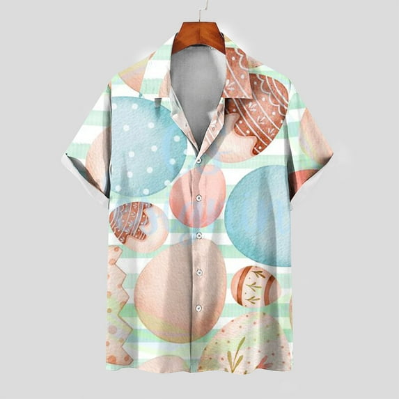 EQWLJWE Compression Shirt for Men Trendy Easter Day Button Down Shirt Fun Easter Bunny Ear Print Short Sleeve Tropical Holiday Top for Daily Wear