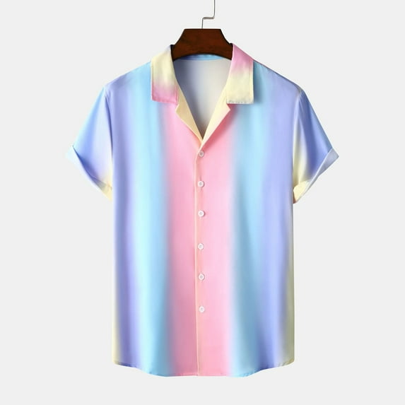 EQWLJWE Compression Shirt for Men's Casual Summer Gradient Stripe Print Wrinkle Free Shirts Short Sleeve Button Down Lightweight Beach Shirt for Trip
