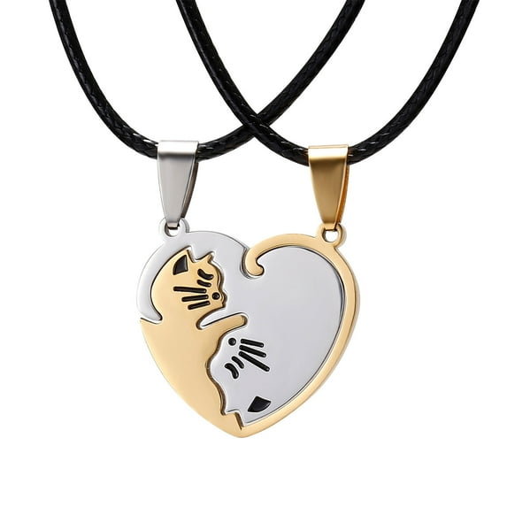 SDJMa Couple Puzzle Matching Necklace, Stainless Steel/18K Gold Plated Heart Cat/Yin Yang/Tree of Life BFF Pendant Jewelry for Women/Men
