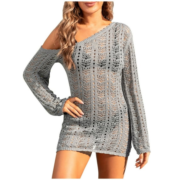 EQWLJWE Cover Ups for Women,Hollow Out Swim Cover Up Knit Summer Outfits Long Sleeve One Shoulder Beachwear Gift Gray M