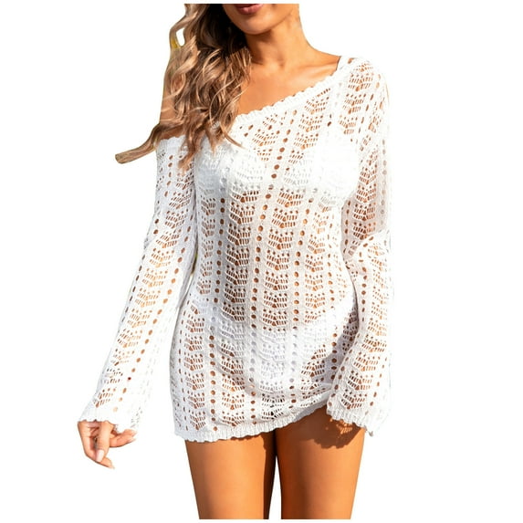 EQWLJWE Cover Ups for Women,Hollow Out Swim Cover Up Knit Summer Outfits Long Sleeve One Shoulder Beachwear Gift White M