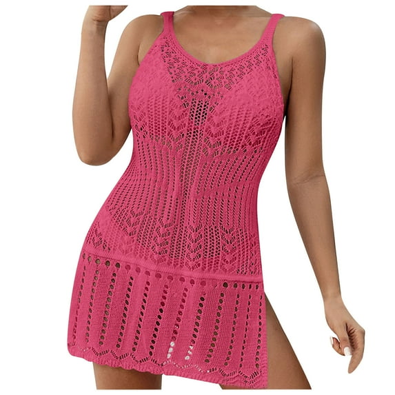 EQWLJWE Crochet Swimsuit Cover Ups for Women Mesh Knit Cover Up Beach Dress Sleeveless Slim Fit Beach Mini Dresses Gift Hot Pink Free Size
