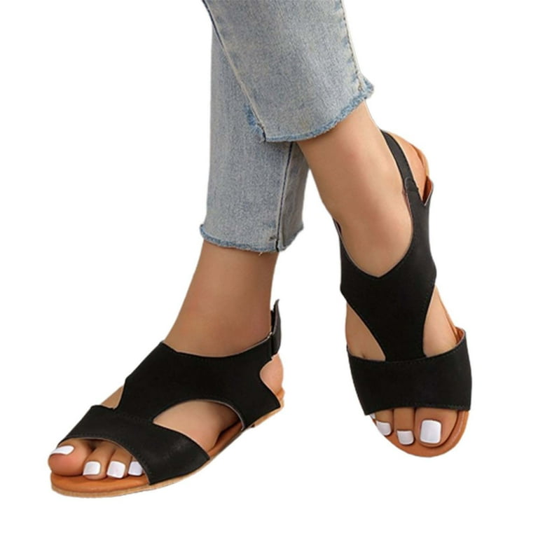 EQWLJWE Dress Sandals for Women s Solid Color Open Toe Ankle Strap Flat Sandals Casual Breathable Slip On Walking Sandals for Work Office Business