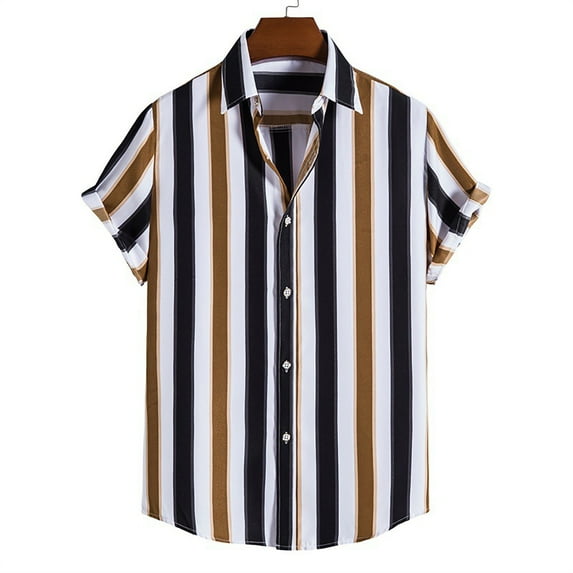 EQWLJWE Dress Shirt for Men Short Sleeve Button Down Summer Stripe Print Comfortable Loose Clothing Vacation Beach Shirts Festival Gifts
