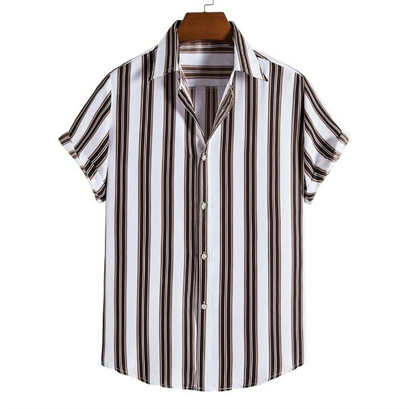EQWLJWE Dress Shirt for Men Short Sleeve Button Down Summer Stripe Print Comfortable Loose Clothing Vacation Beach Shirts for Valentine's Day