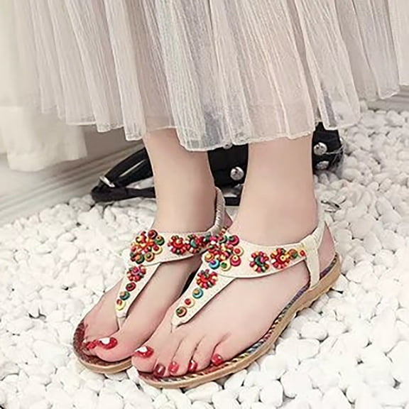 EQWLJWE Dressy Sandals Women Thong Sandals Elastic T Strap Flip Flops Flats Ladies Vintage Summer Low Heel Sandals Casual Flat Shoes for Photoshot