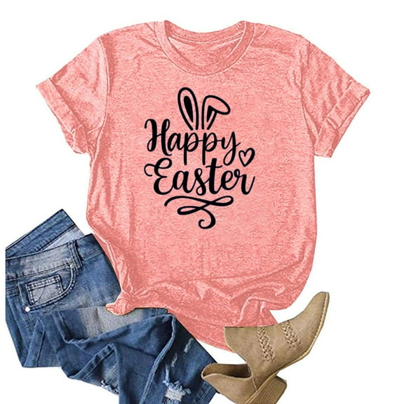 EQWLJWE Easter Bunny T-Shirt for Women Casual Happy Easter Graphic Solid Color Short Sleeves Round-Neck Loose Summer Blouse Tops for Daily Life