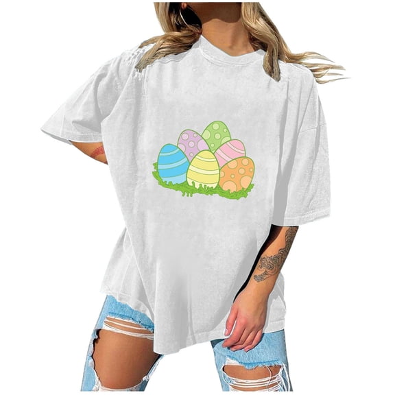 EQWLJWE Easter Bunny T-Shirt for Women Summer Novelty Easter Bunny Eggs Print Loose Fit Short Sleeves Round Neck Lightweight Top Blouse for Dating