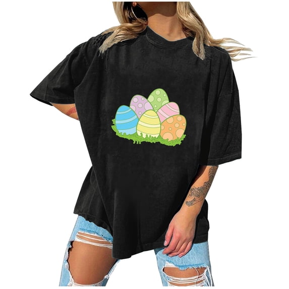 EQWLJWE Easter Bunny T-Shirt for Women Summer Novelty Easter Bunny Eggs Print Loose Fit Short Sleeves Round Neck Lightweight Top Blouse for Going Out