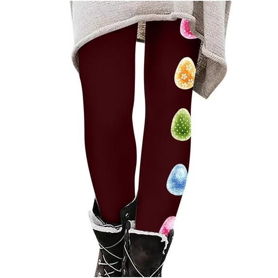 EQWLJWE Easter Day Workout Leggings for Women Girls Easter Colorful Eggs Printed Gym Slim Fit High Waisted Activewear Yoga Pants Trousers(Wine,XL)