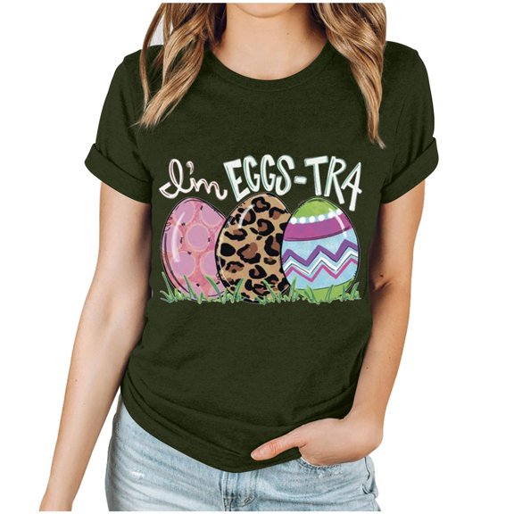 EQWLJWE Easter T Shirts for Womens Cute Fun Egg Graphic Tees Easter Gift Shirts Short Sleeve Casual Tops for Party Travel Club Army Green(S-3XL)