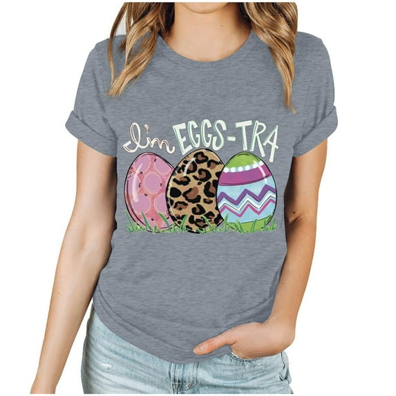 EQWLJWE Easter T Shirts for Womens Cute Fun Egg Graphic Tees Easter Gift Shirts Short Sleeve Casual Tops for Party Travel Club Dark Gray(S-3XL)