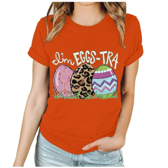 EQWLJWE Easter T Shirts for Womens Cute Fun Egg Graphic Tees Easter Gift Shirts Short Sleeve Casual Tops for Party Travel Club Orange(S-3XL)