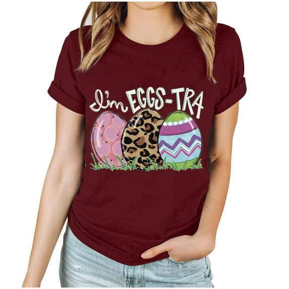 EQWLJWE Easter T Shirts for Womens Cute Fun Egg Graphic Tees Easter Gift Shirts Short Sleeve Casual Tops for Party Travel Club Wine(S-3XL)