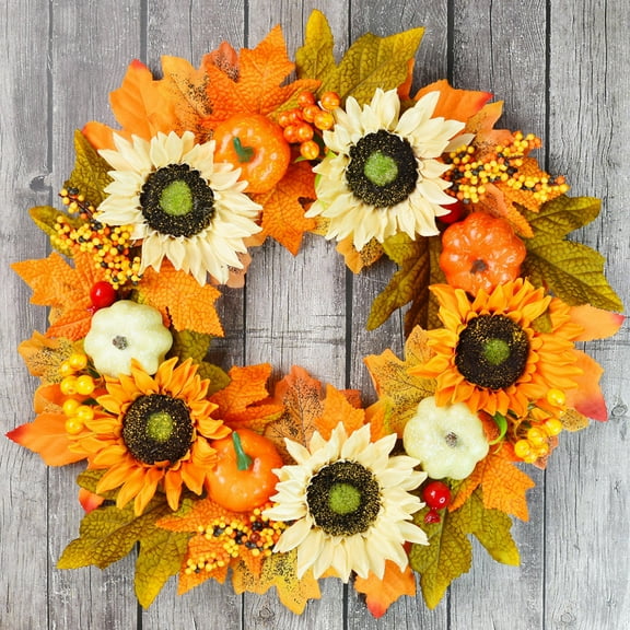EQWLJWE Fall Wreath for Front Door - 17.7" Autumn Maples Leaf Pumpkin Sunflower Wreath - Thanksgiving Halloween Harvest Home Outdoor Indoor Window Wall Fall Decorations
