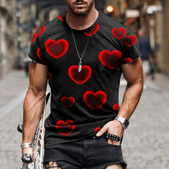 EQWLJWE Fashion Mens T Shirt Men Casual Round Neck Valentine's Day 3D Digital Printing Pullover Fitness Sports Shorts Sleeves T Shirt Blouse