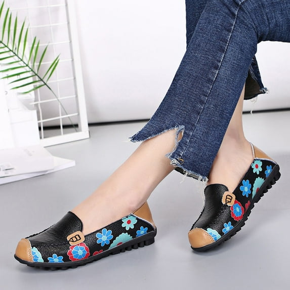 EQWLJWE Fashion Women Ankle Strap Summer Printing Slip-on Sneaker Flats Shose Women's Flat Shoes Holiday Clearance