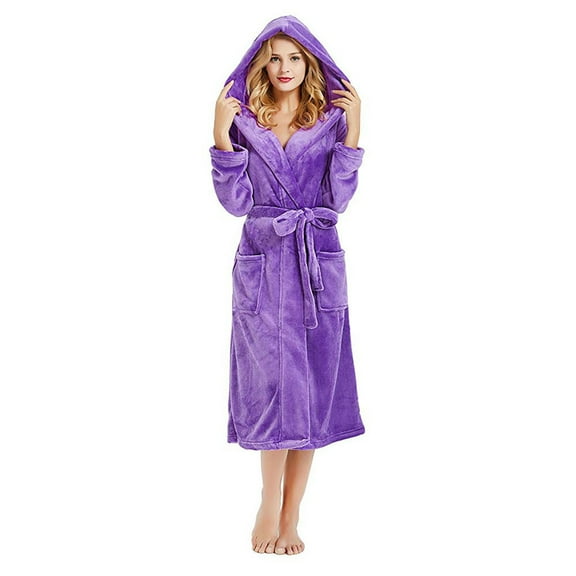 EQWLJWE Fashion Women Casual Long Sleeve Hooded Belt Pocket Long Bathrobe Home Service Sleepwear Robes Holiday Clearance