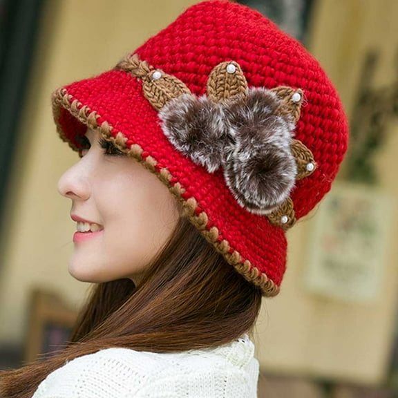 EQWLJWE Fashion Women Lady Winter Warm Crochet Knitted Flowers Decorated Ears Hat RD Plush Hat Holiday Clearance