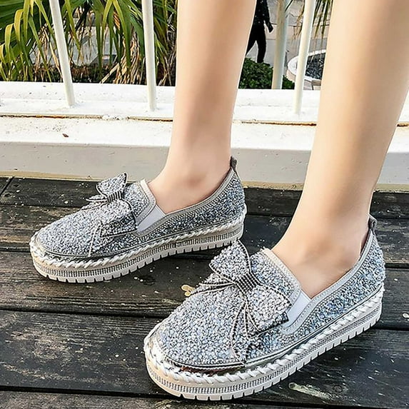EQWLJWE Fashion Women Shoe Bow Sequin Solid Color Platform Casual Ladies Shoes Women's Flat Shoes Holiday Clearance