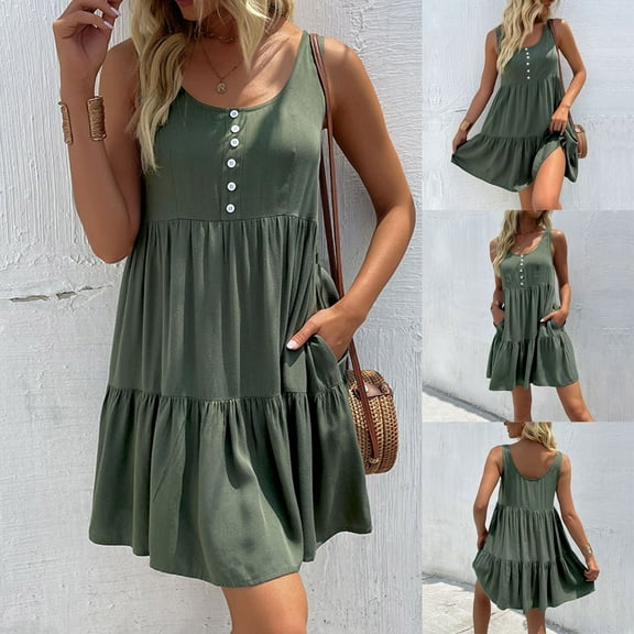 EQWLJWE Fashion Women Summer Solid Sleeveless V-Neck Button Backless Casual Dress