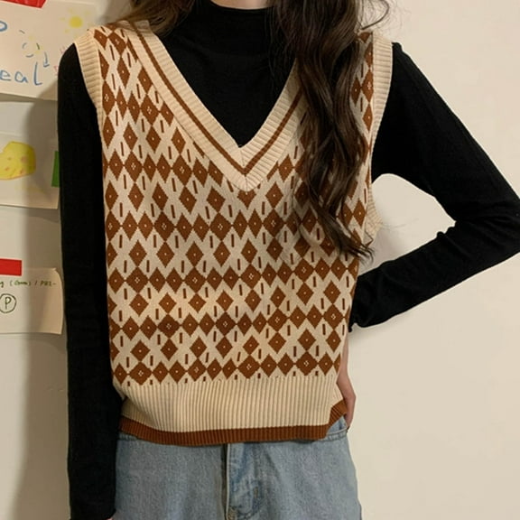 EQWLJWE Fashion Women's Knitted Printed Long Sleeve Sweaters V-Neck Ladies Vest Top Women's Sweater Holiday Clearance