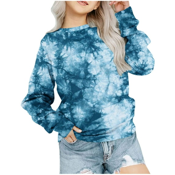 EQWLJWE Girls Casual Tie Dye Crewneck Long Sleeve Sweaters Loose Fashion Tops Blue for 5-6 Years