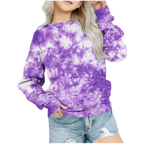 EQWLJWE Girls Casual Tie Dye Crewneck Long Sleeve Sweaters Loose Fashion Tops Purple for 9-10 Years