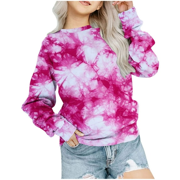 EQWLJWE Girls Crew Neck Oversized Sweatshirt Kids Tie Dye Long Sleeve Spring Pullover Tops Hot Pink for 2-3 Years